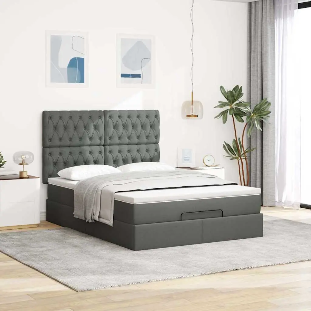 Queen Ottoman Bed Grey with Storage Pocket Spring Mattress and Hydraulic Lift Function