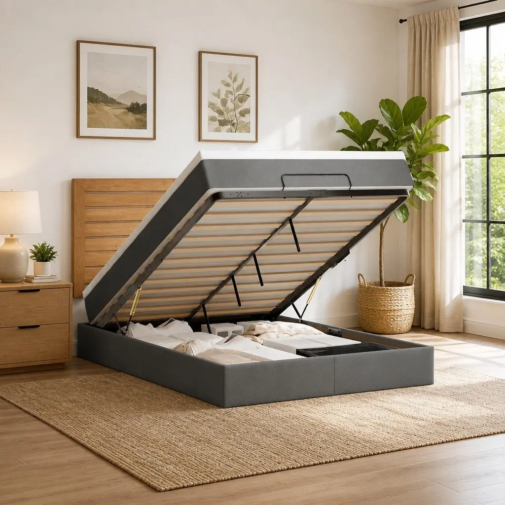 Ottoman Bed Grey Queen Size with Pocket Spring Mattress Hydraulic Lift Storage Frame
