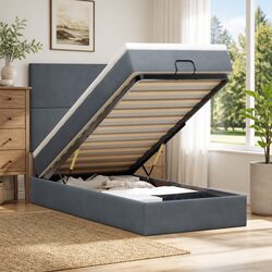 Concise Ottoman Bed with Mattresses in Grey Velvet