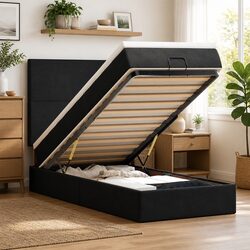 Ottoman Bed Double Black Velvet with Pocket Spring Mattresses Hydraulic Storage