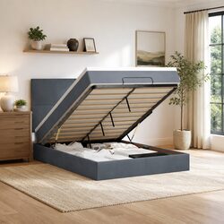 Grey Velvet Ottoman Bed with Pocket Spring Mattress