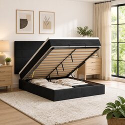 Concise Design of a Black Velvet Ottoman Bed
