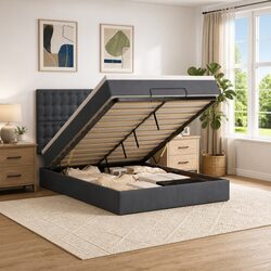 Ottoman Bed with Mattresses Double Grey Velvet Storage Lift Hydraulic