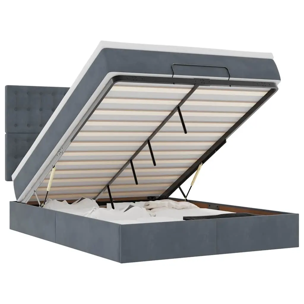 Double Storage Ottoman Bed Grey Velvet Hydraulic Lift with Pocket Spring Mattress and Removable Topper