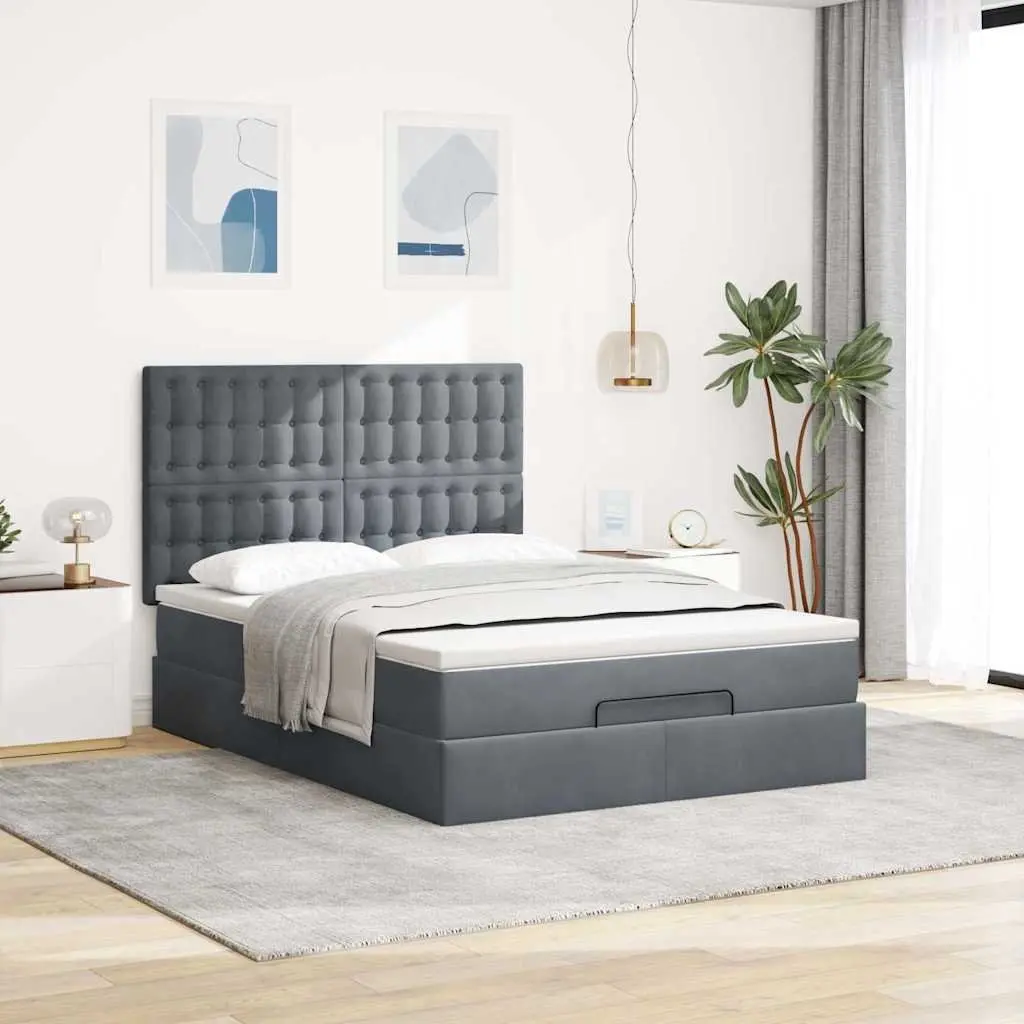 Double Storage Ottoman Bed Grey Velvet Hydraulic Lift with Pocket Spring Mattress and Removable Topper