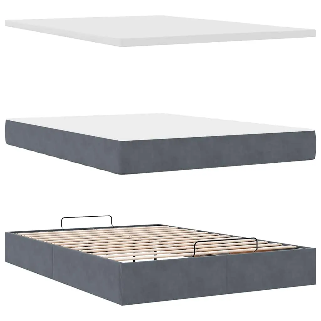Double Storage Ottoman Bed Grey Velvet Hydraulic Lift with Pocket Spring Mattress and Removable Topper