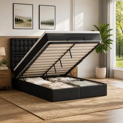 Efficient Black Faux Leather Ottoman Bed Queen with Storage