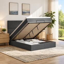 Ottoman Bed with Pocket Spring Mattress LED Lights Storage Grey Queen Fabric
