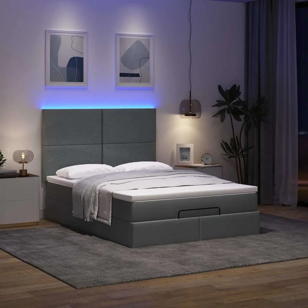 Ottoman Bed Grey Queen Pocket Spring Mattress LED Lights Storage