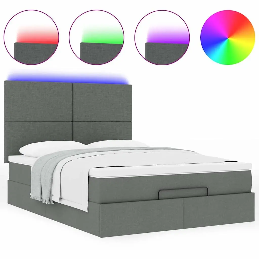 Ottoman Bed Grey Queen Pocket Spring Mattress LED Lights Storage