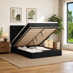 Queen Ottoman Bed with Pocket Spring Mattress LED Lights Storage Black Fabric