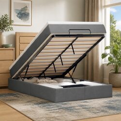Ottoman Bed with Pocket Spring Mattress LED Lights Storage King Single Grey