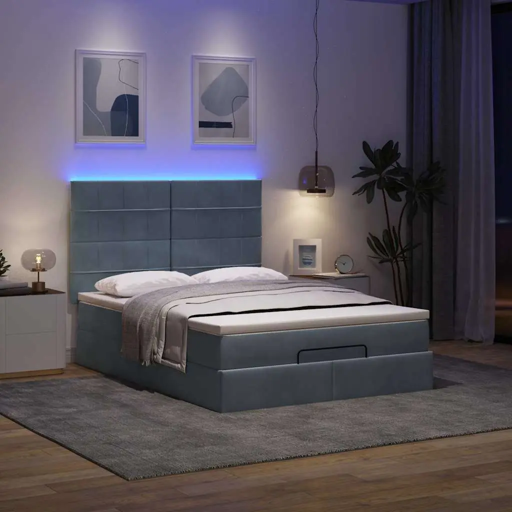 Ottoman Bed with Pocket Spring Mattress Topper LED Lights Grey Velvet Queen