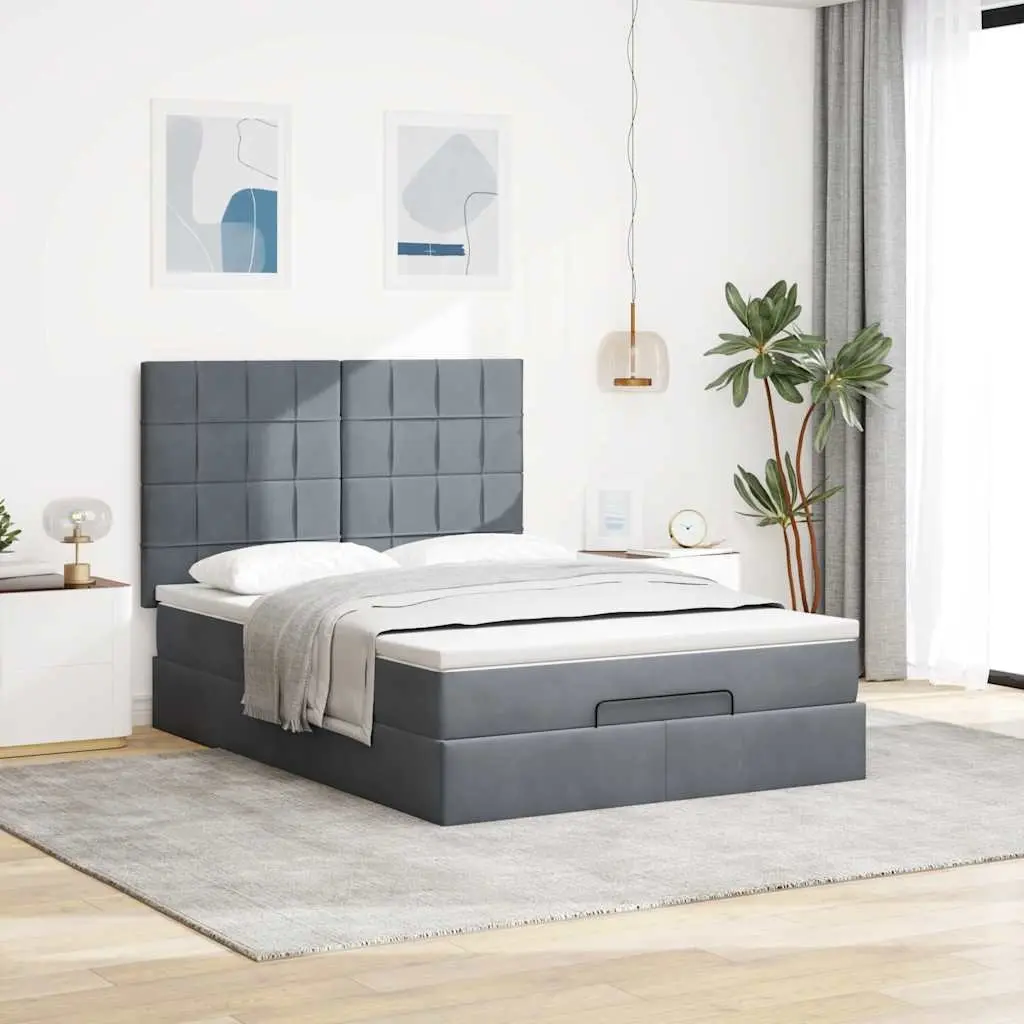 Ottoman Bed with Pocket Spring Mattress Topper LED Lights Grey Velvet Queen