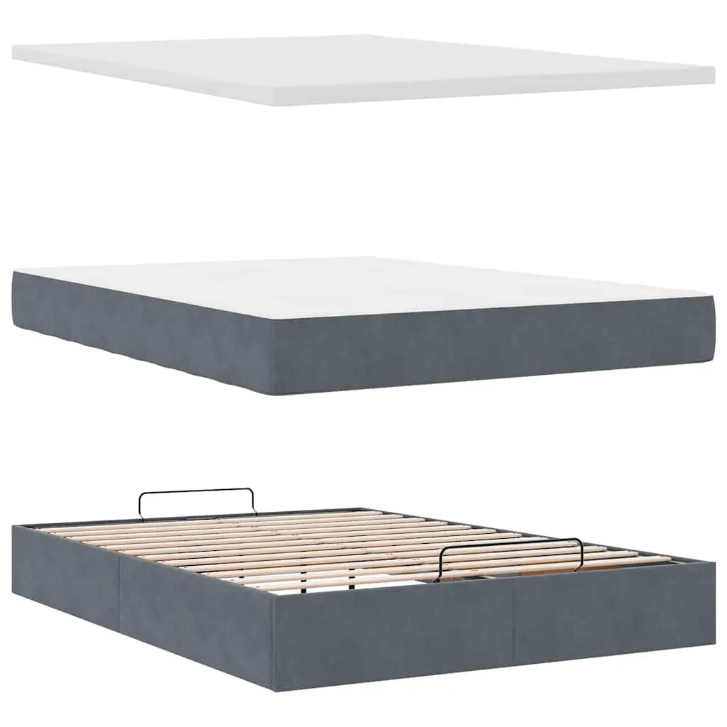 Ottoman Bed with Pocket Spring Mattress Topper LED Lights Grey Velvet Queen