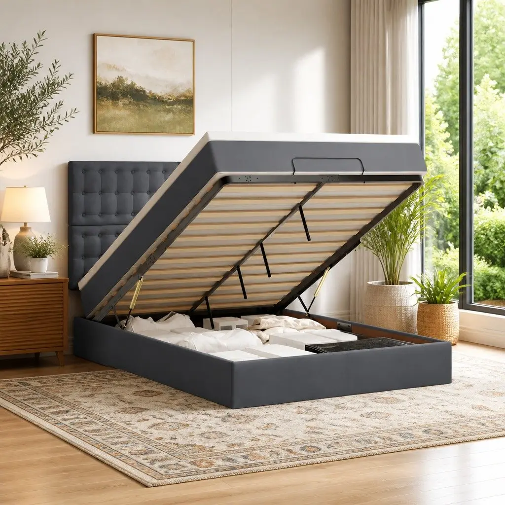Ottoman Bed Grey Double Velvet Pocket Spring Mattress with LED Lights and Hydraulic Storage