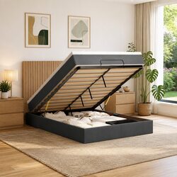 Ottoman Bed Queen with Pocket Spring Mattress Topper LED Lights Grey Velvet
