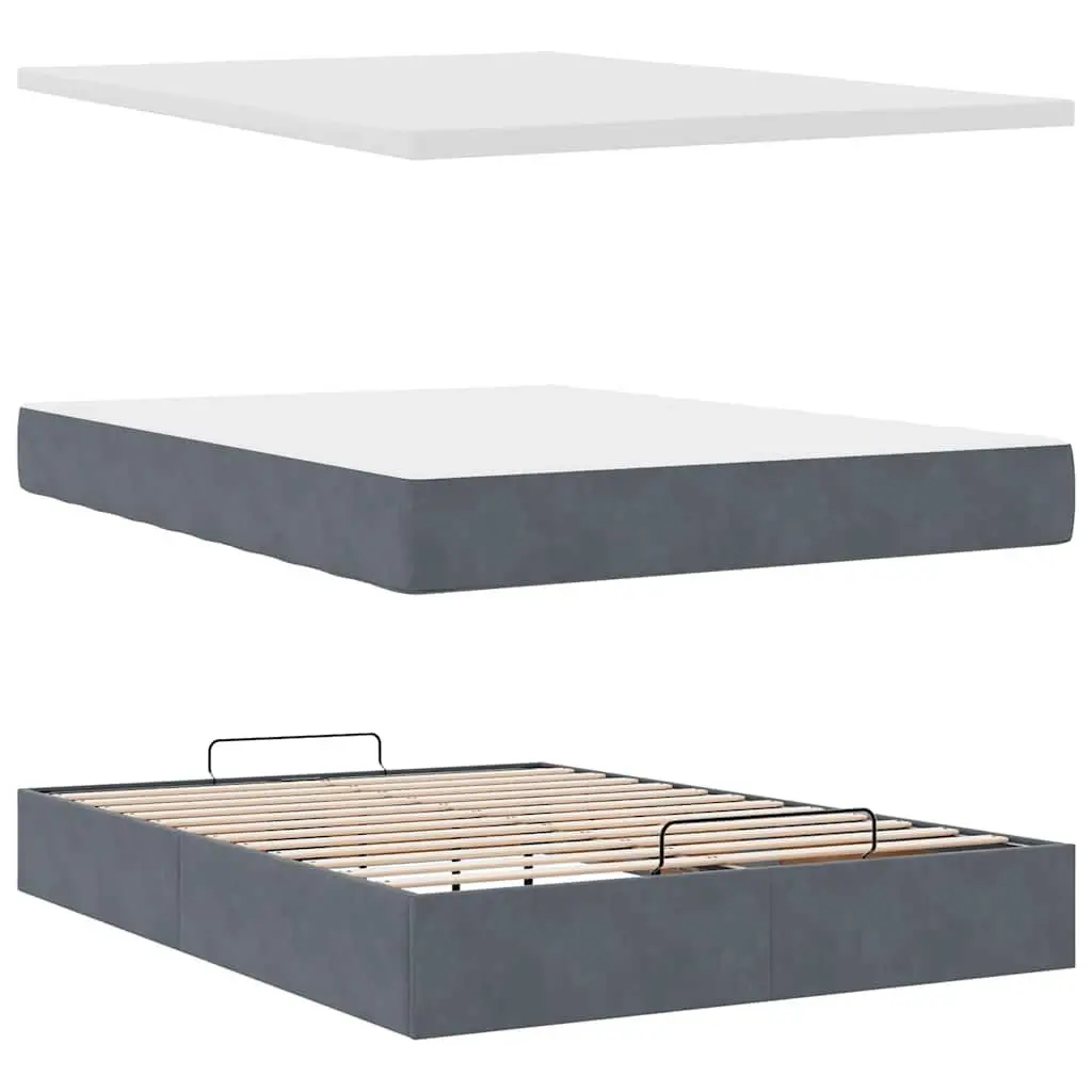 Ottoman Bed Grey Velvet Queen Pocket Spring Mattress Topper LED Lights