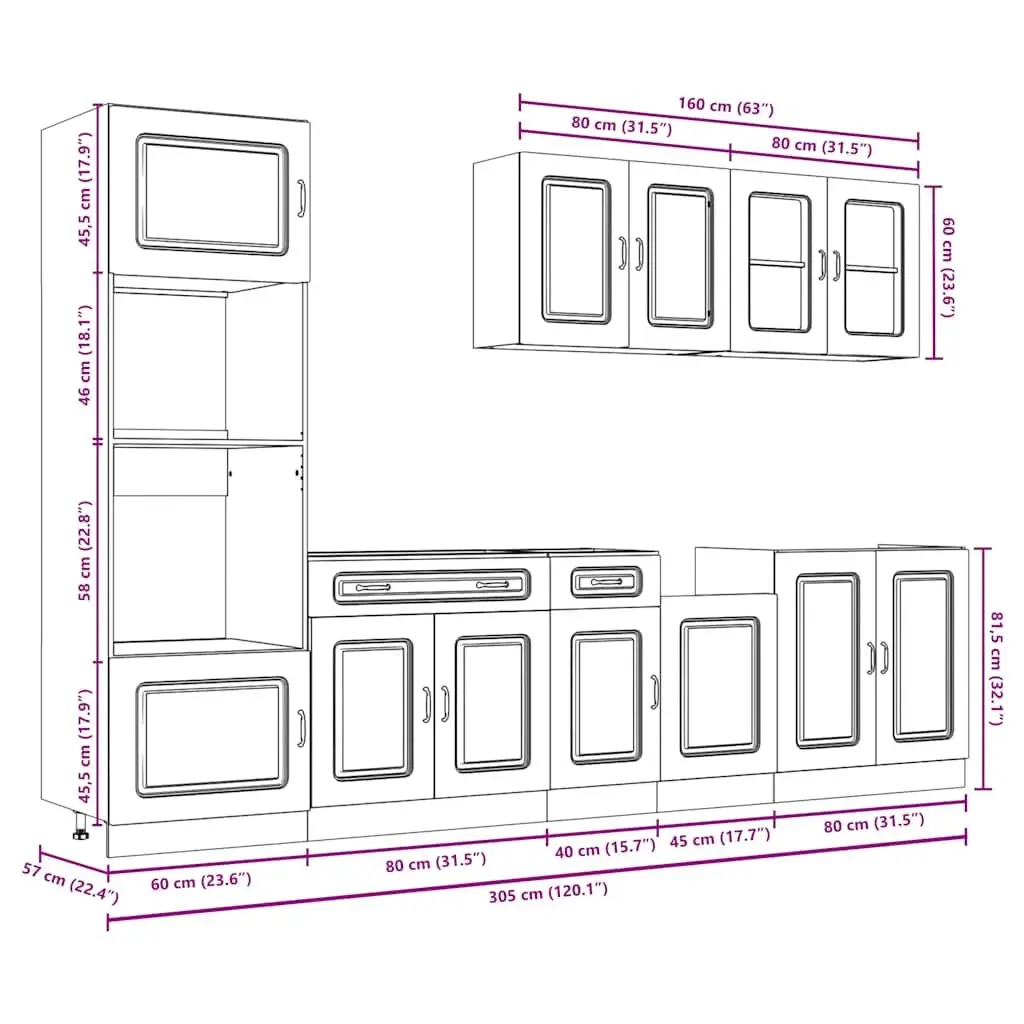 7 Piece White Engineered Wood Cabinet Set with Adjustable Feet and Ample Storage for Kitchen Optimization