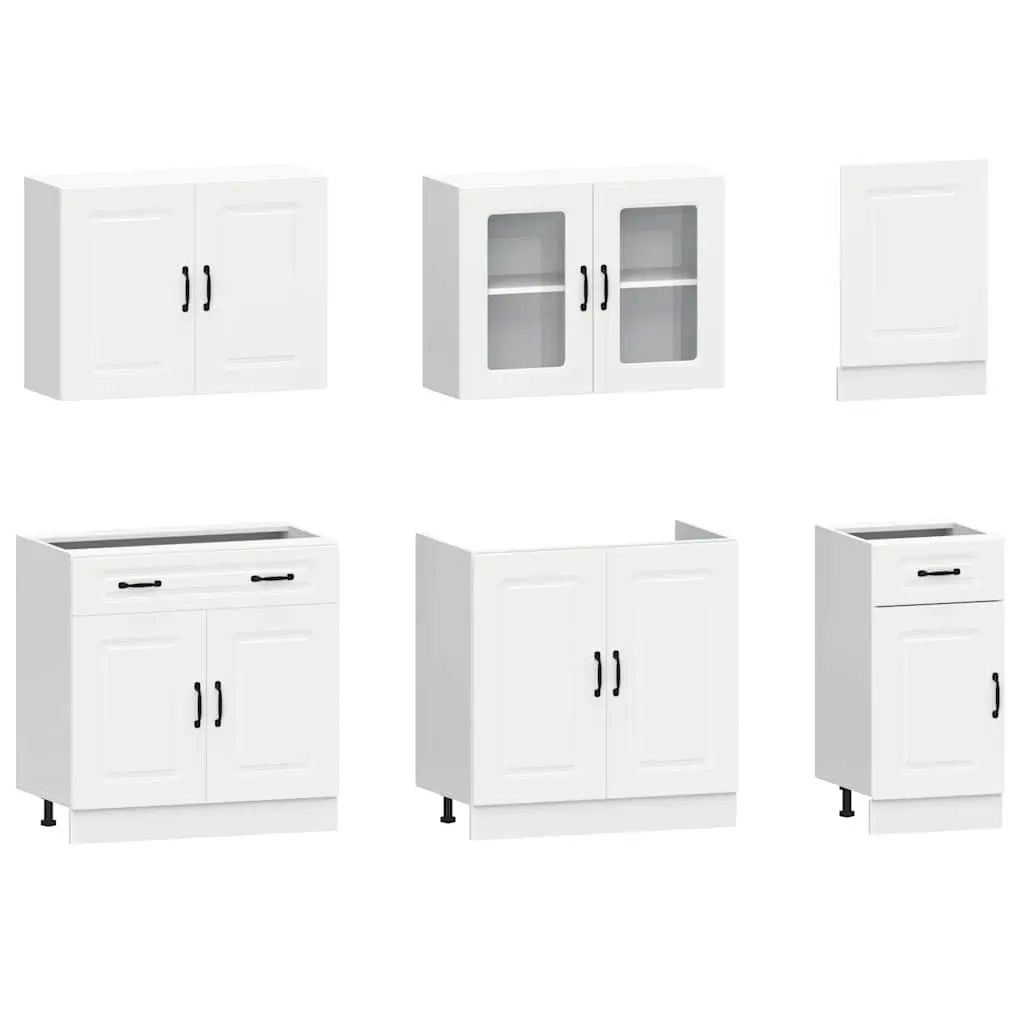 7 Piece White Engineered Wood Cabinet Set with Adjustable Feet and Ample Storage for Kitchen Optimization