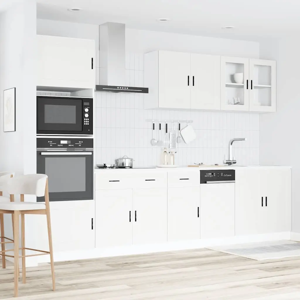 7 Piece Kitchen Cabinet Set White Engineered Wood Adjustable Feet Storage Furniture