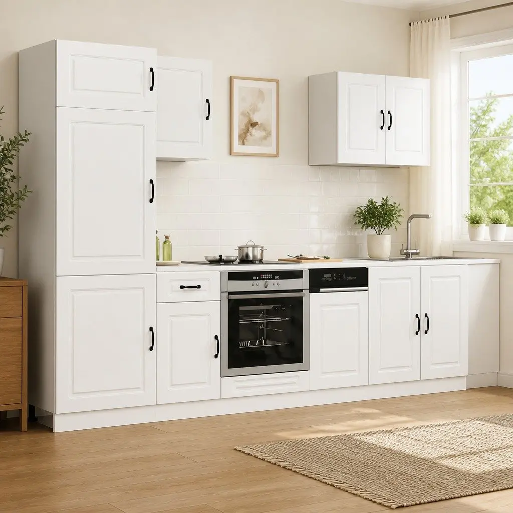 7 Piece White Kitchen Cabinet Set Engineered Wood Storage Furniture with Multiple Compartments for Organized Cooking Space