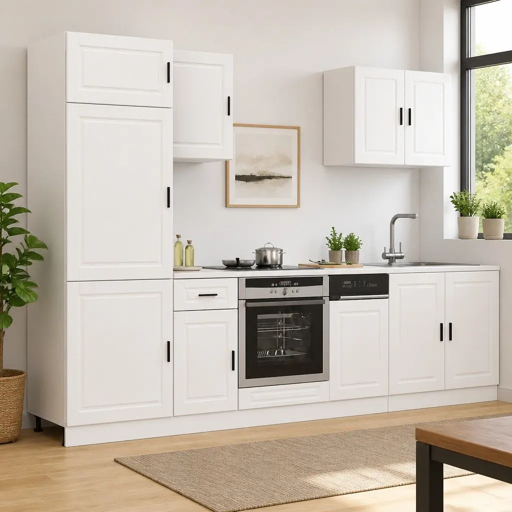 7 Piece Storage Unit White Engineered Wood Kitchen Cabinet Set with Adjustable Feet