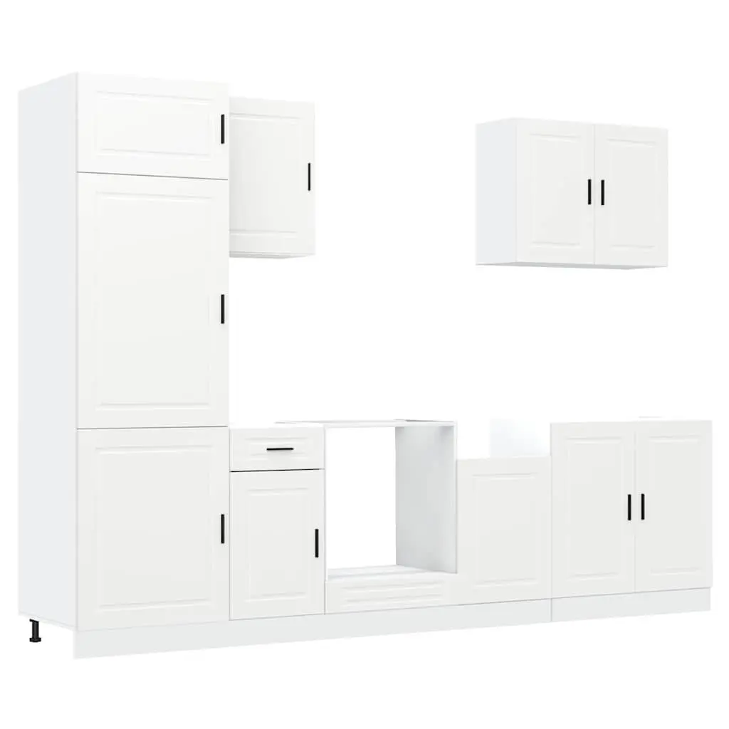 7 Piece Storage Unit White Engineered Wood Kitchen Cabinet Set with Adjustable Feet