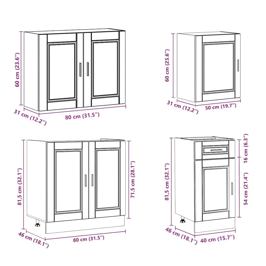 7 Piece Storage Unit White Engineered Wood Kitchen Cabinet Set with Adjustable Feet