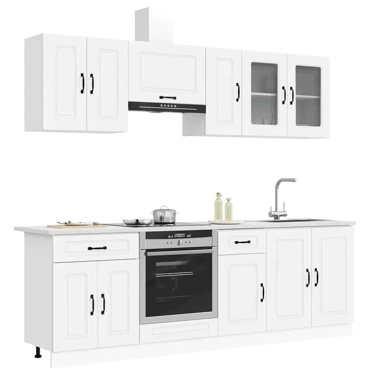 8 Piece Engineered Wood Kitchen Cabinet Set White Storage with Adjustable Feet and Multiple Compartments