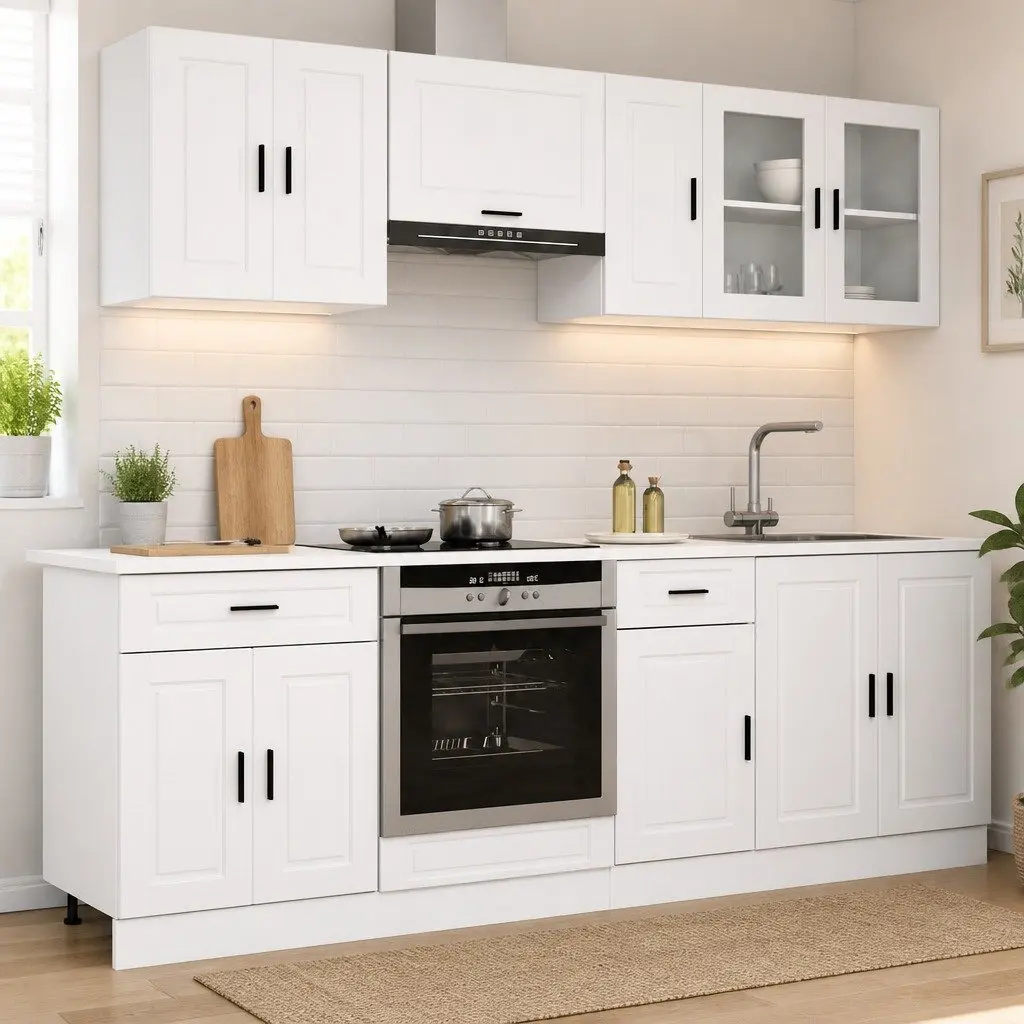 Kitchen Cabinet Set White 8 Piece Engineered Wood Storage Unit