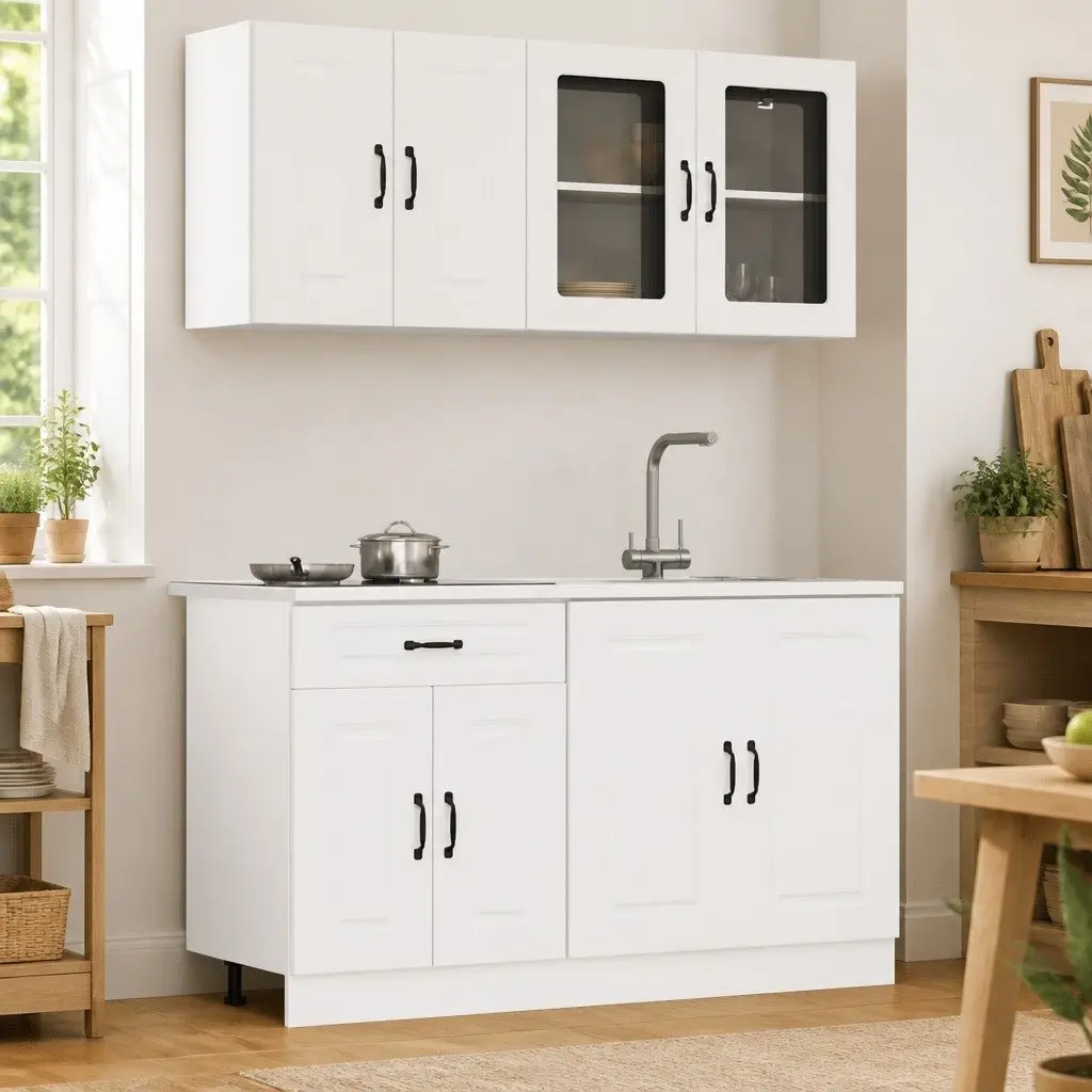 4 Piece White Kitchen Cabinet Set Engineered Wood with Adjustable Feet and Multiple Storage Compartments