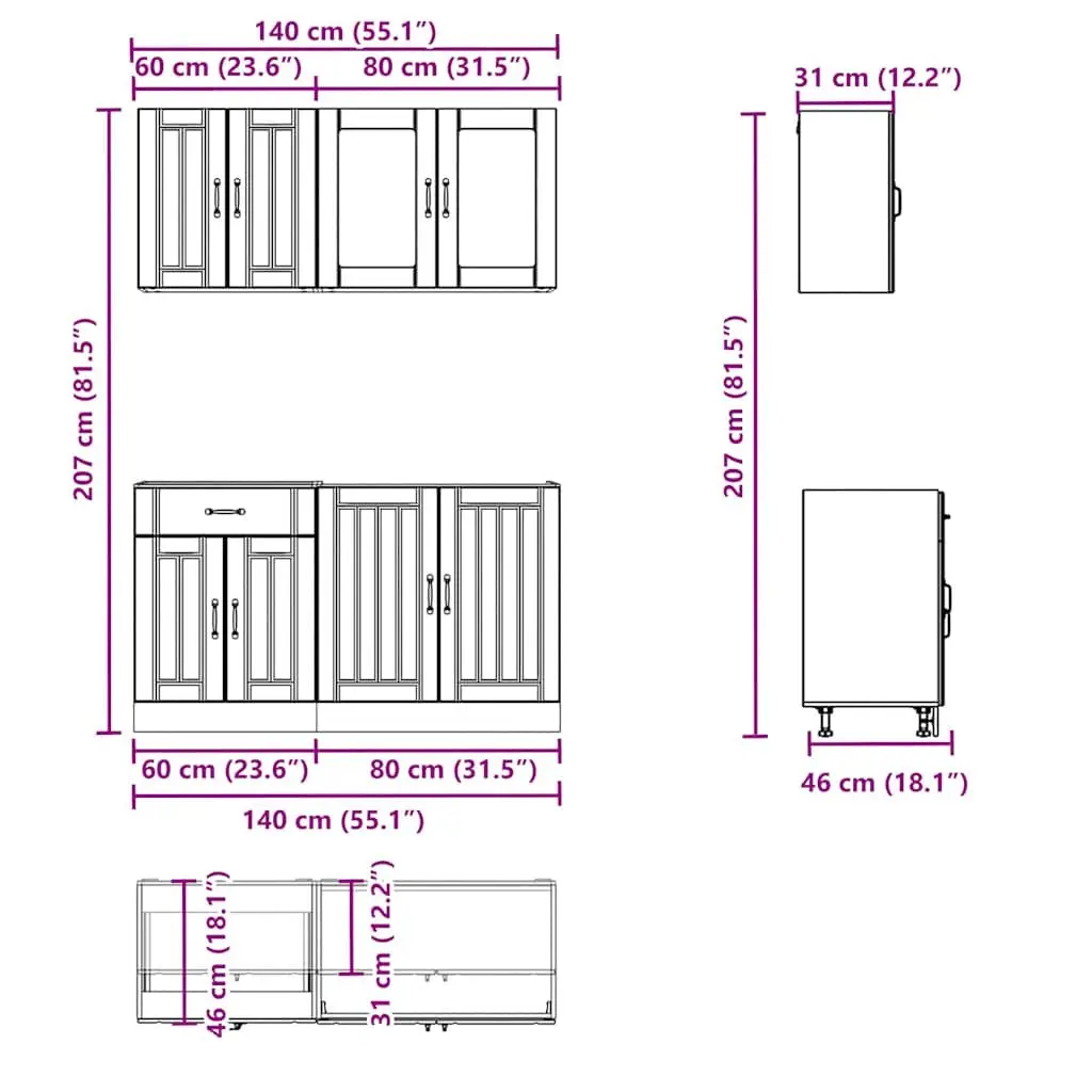 Kitchen Cabinet Set White 4 Piece Engineered Wood Storage Furniture