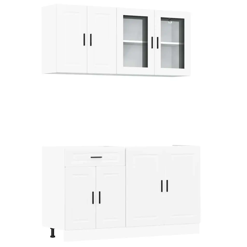 4 Piece Adjustable Feet Kitchen Cabinet Set in White Engineered Wood for Optimized Storage Solutions