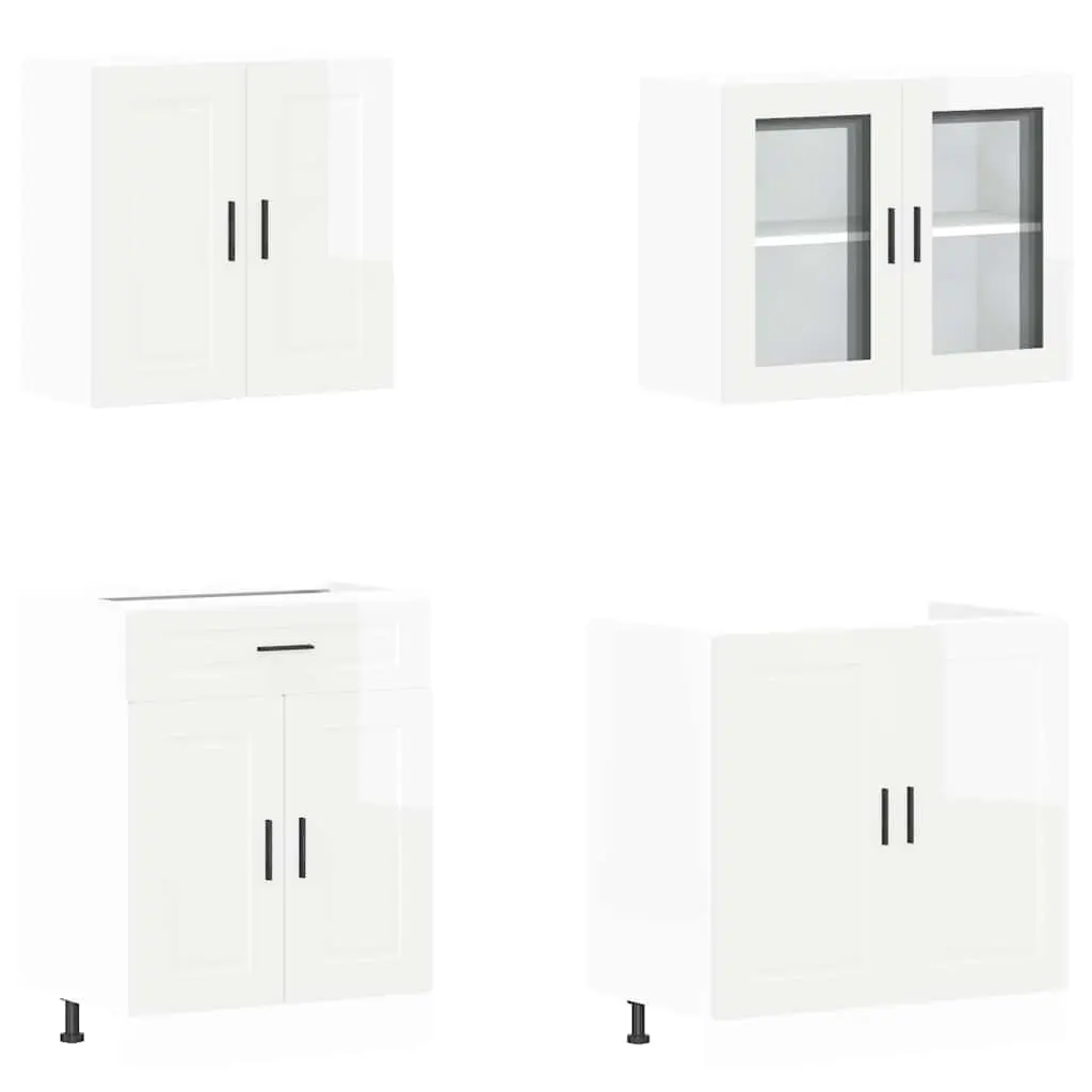 4 Piece High Gloss White Engineered Wood Storage Cabinet Set for Kitchen Organization