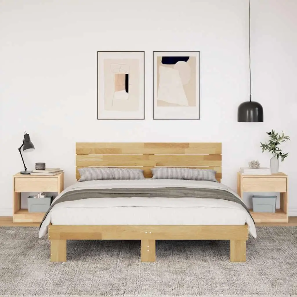 Bed Frame Brown 135x190 cm Solid Wood Oak Headboard Slatted Base