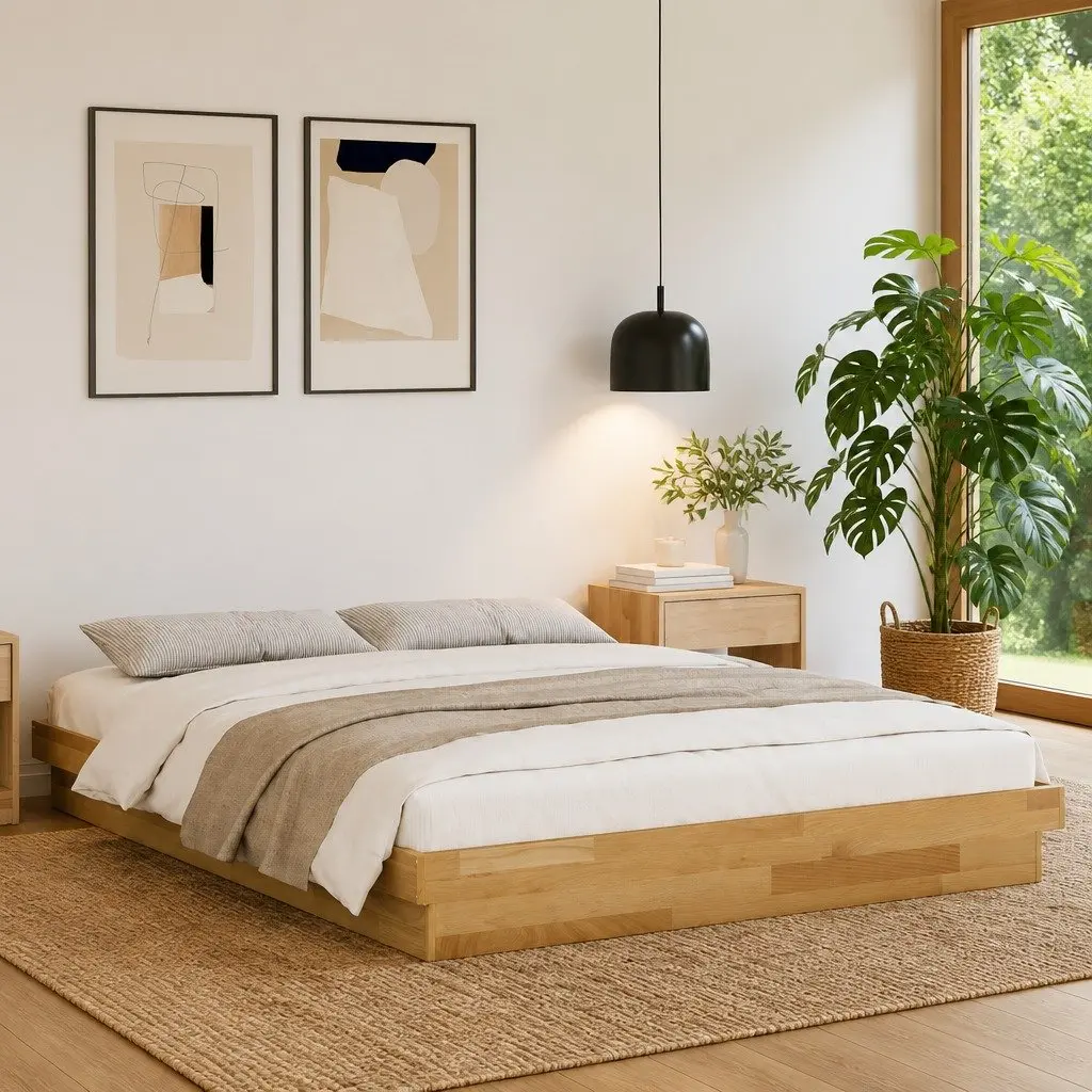 Bed Frame Brown 135x190 cm Low Floor Solid Oak Wood Slatted Base