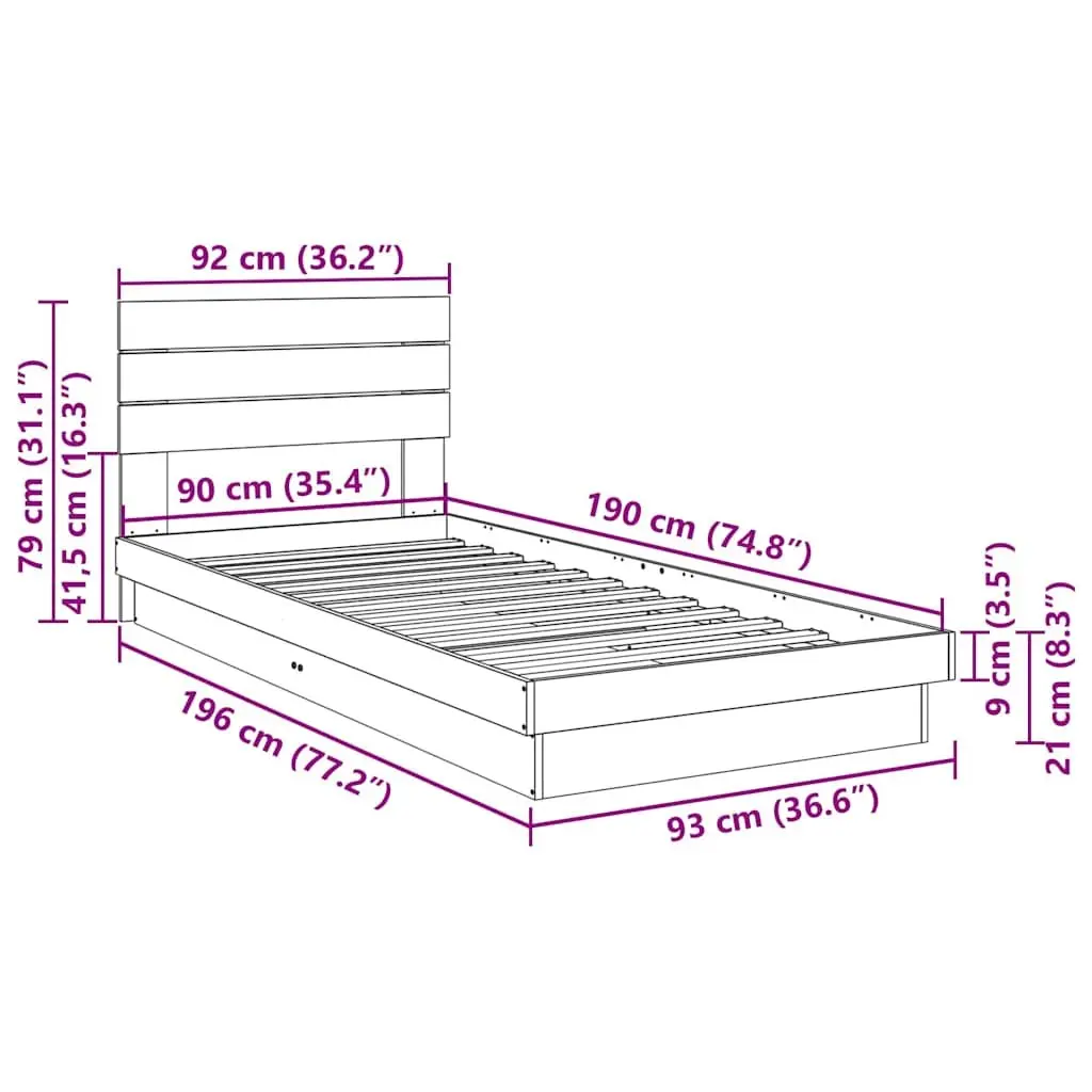 Solid Wood Oak Bed Frame Brown 90x190 cm with Headboard Slatted Base