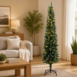 Artificial Slim Christmas Tree 150cm 150 LEDs Green with Steel Stand Holiday