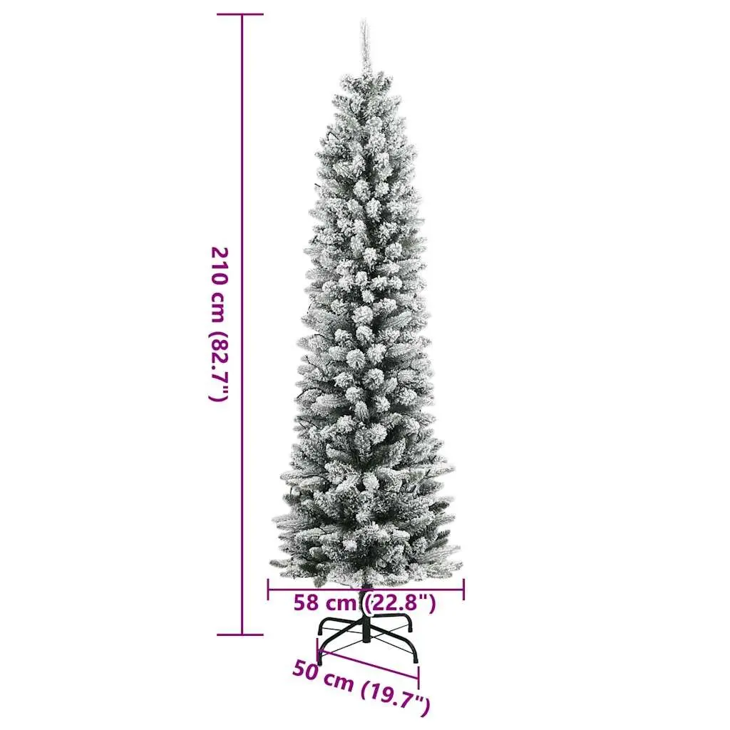 Artificial Christmas Tree 210cm 300 LEDs Flocked Snow Slim Green Holiday Decor