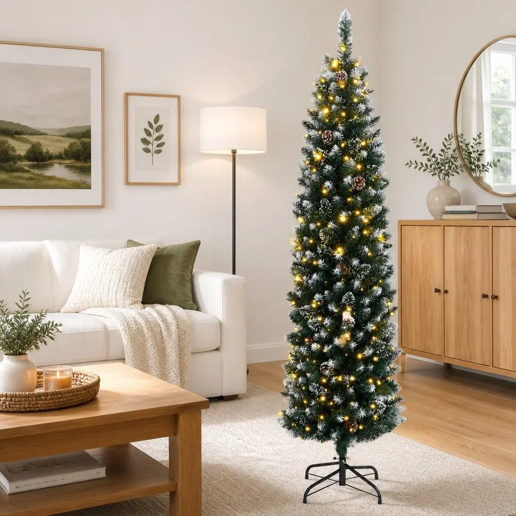 Slim Green Christmas Tree 180cm with 300 LEDs and 8 Lighting Modes for Hallways