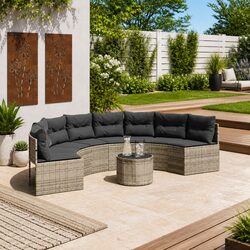 Half-Round Garden Sofa Set with Table Grey Poly Rattan Outdoor Furniture