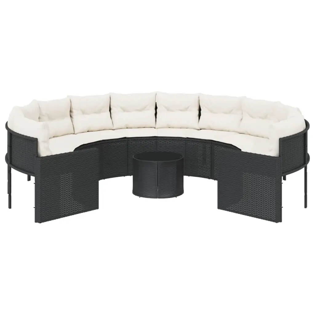 Round Garden Sofa Set Black 5 Piece Poly Rattan Outdoor Lounge with Cushions and Table
