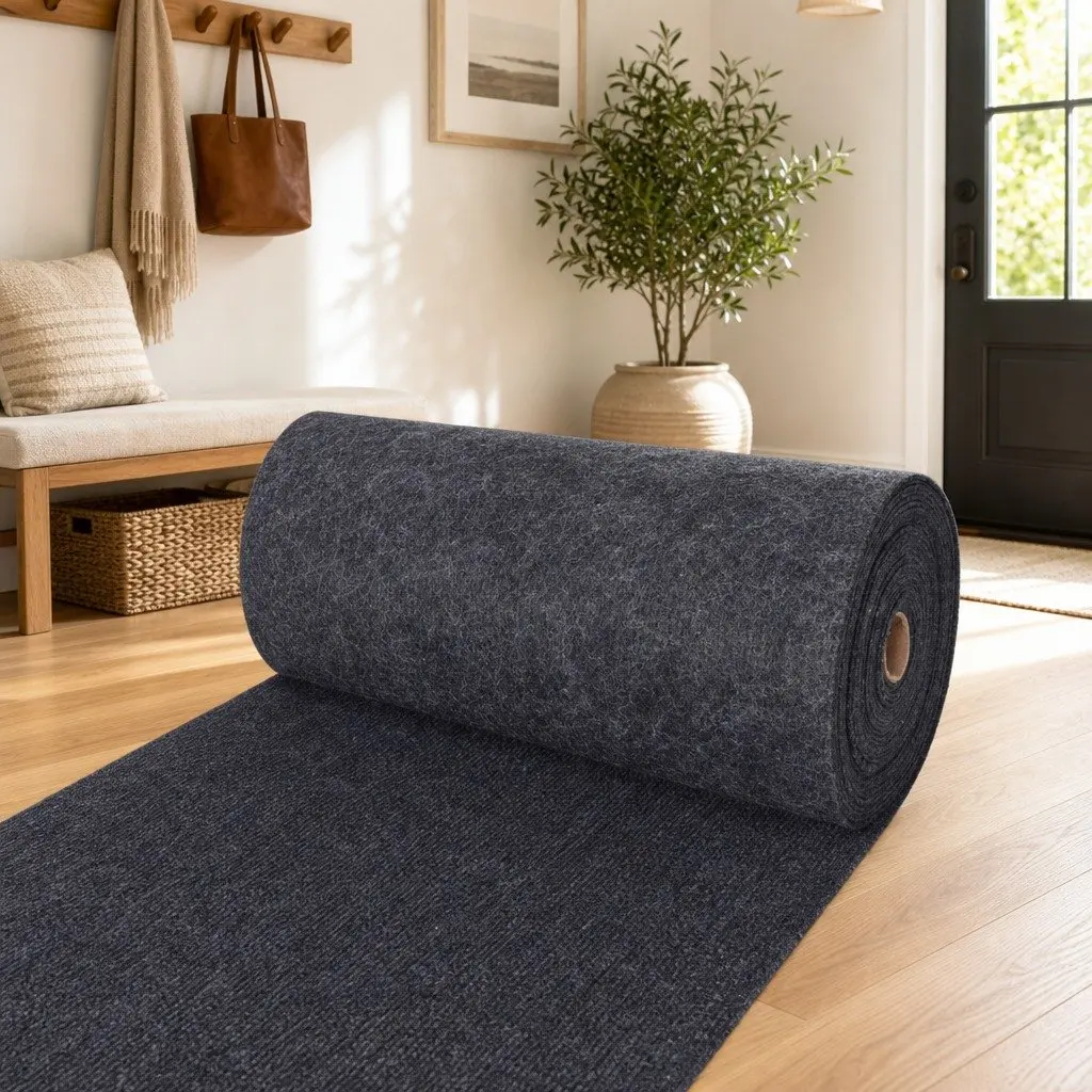 Runner Rug Anthracite 1.2 x 10m Polyester Ribbed Texture Non-Slip Indoor Outdoor