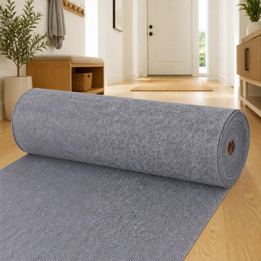 Runner Rug Grey 1.2 x 10m Polyester Ribbed Texture Non-Slip Surface Indoor Outdoor