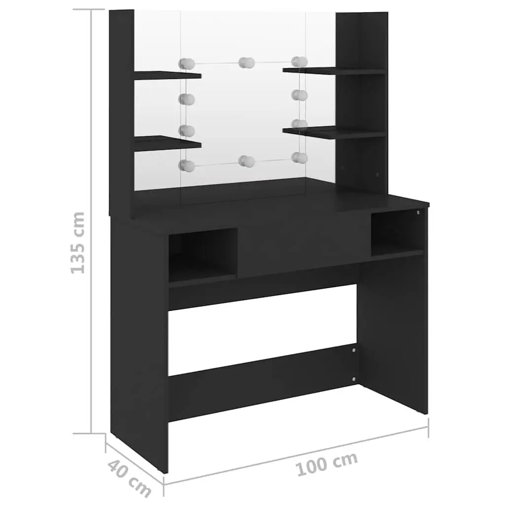 Makeup Vanity Table Black 100W x 40D x 135H cm LED Lights Mirror Dressing Station