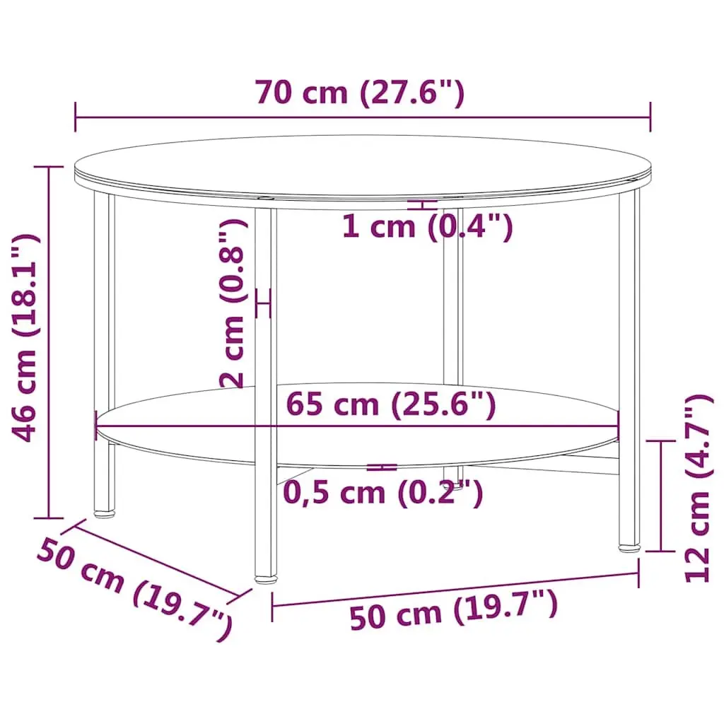 End Table Black 70cm Modern Tempered Glass 2-Tier Storage Shelf