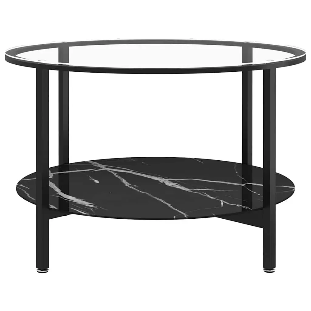 Tea Table Black Marble Glass Top 70cm Modern Accent Side Coffee Table 2-Tier