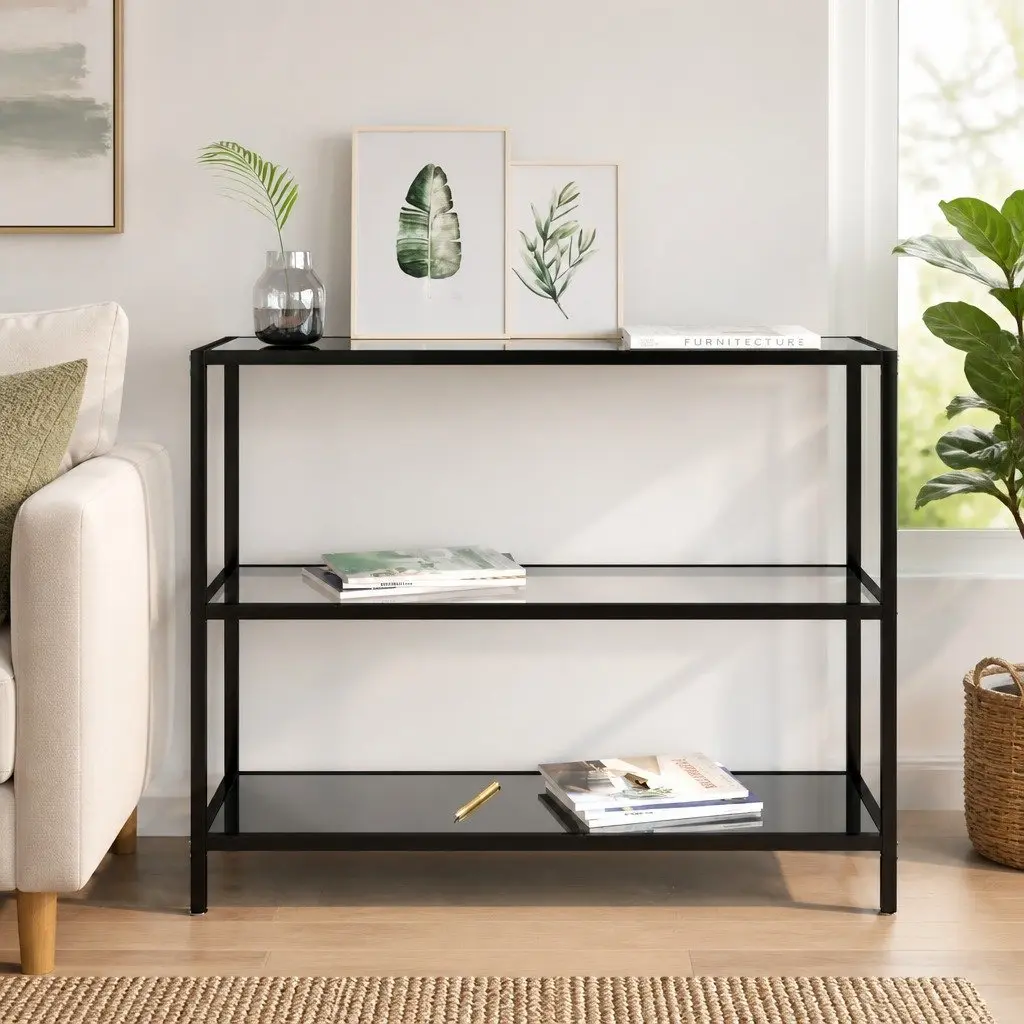 Black Corner Shelf Unit Tempered Glass Storage Display Stand Iron Frame