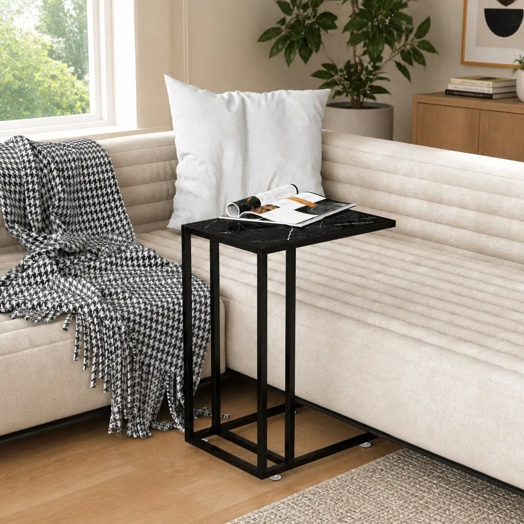 Computer Side Table Black Marble Tempered Glass Iron Frame Modern Living Room